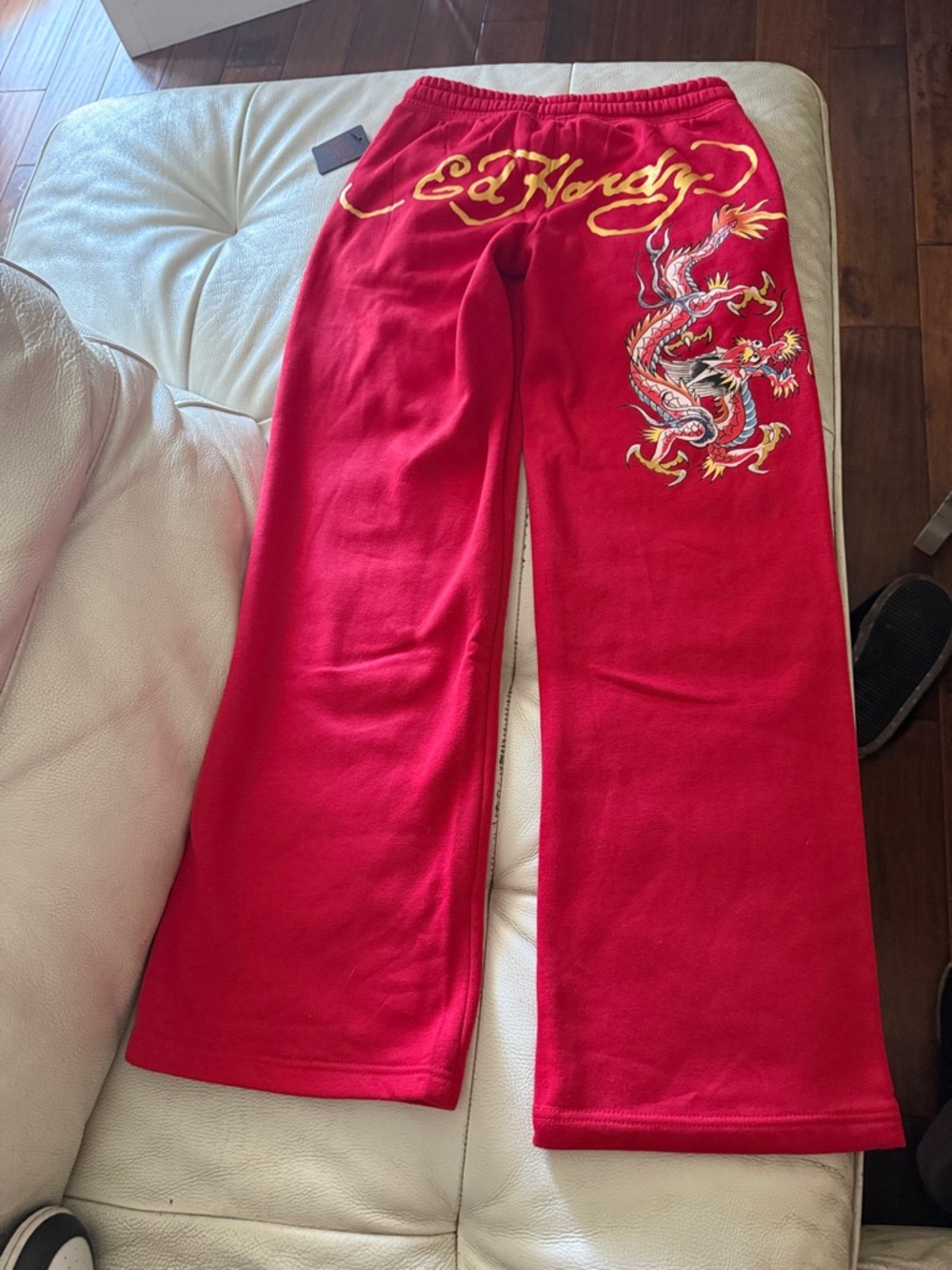 Ed Hardy Red Sweatpants with Gold Logo & Dragon Embroidery